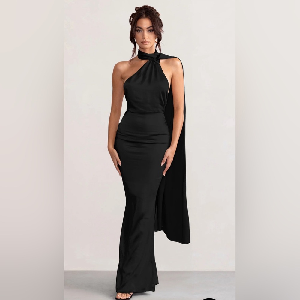 CLUB L LONDON MADEMOISELLE
BLACK SATIN ASYMMETRIC SCARF NECK BACKLESS MAXI DRESS